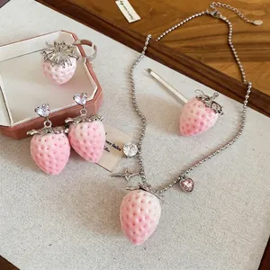 Pink velvet strawberry jewelry set with stainless steel necklace, earrings and ring