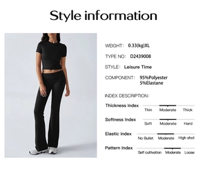 Detail view of black short sleeve crop top and flare pants set with size and fabric info