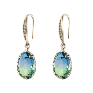 Elegant gold oval earrings featuring blue-green gradient gems and zircon accents on white base