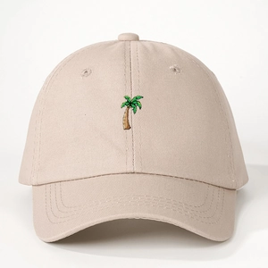 Classic beige cotton baseball cap with detailed palm tree embroidery and adjustable strap