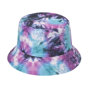 3D printed tie-dye bucket hat with purple and blue swirl pattern for sun protection