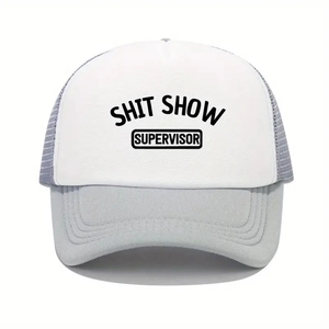 Gray and white trucker hat with SHIT SHOW SUPERVISOR print on front panel