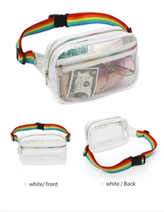 Detailed view of clear PVC waist bag with white trim and rainbow strap showing front and back