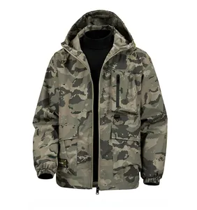 Detail of hooded camo jacket with waterproof zipper and oversized chest pocket