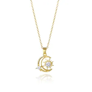 Sun Moon Star Pendant Necklace 316L Stainless Steel With Zircon Inlaid Gold Plated Celestial Jewelry For Women Men