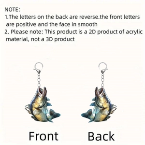Detailed front and back view of 2D acrylic largemouth bass keychain with metal hook