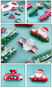 Detail showing laser print PVC hair claw clips with colorful Santa Claus patterns