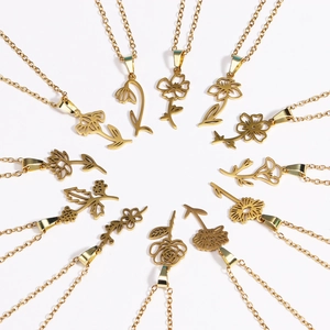 Detailed top view of 18k gold plated stainless steel birth flower pendant necklaces