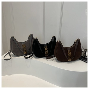 Retro suede crescent shoulder bags in grey, black and brown with golden hardware