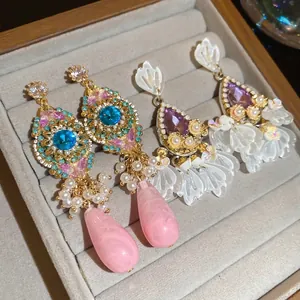 Elegant vintage resin shell flower earrings with colorful crystal drop fringe
