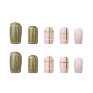 French style olive green and pink press-on nails with plaid patterns and silver glitter
