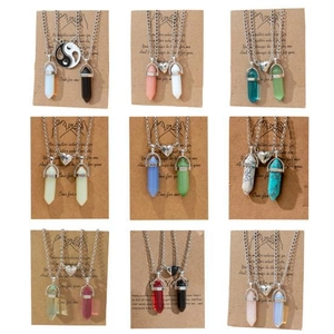 Hexagonal Crystal Column Pendant Necklace With Heart Magnetic Clasp Couple Friendship Jewelry Alloy Chain
