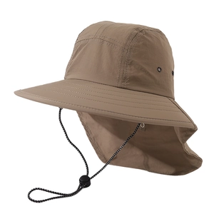 Khaki children's sun hat with wide brim and neck flap for UV protection and outdoor use