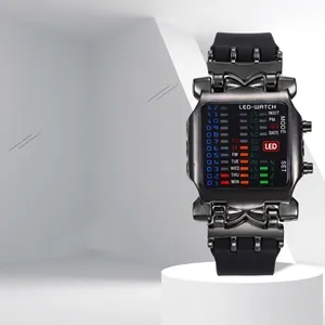 Macro view of square LED electronic sports watch with digital light display and silicone strap