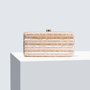 Chic pearlescent acrylic evening clutch bag in cream white with horizontal stripes