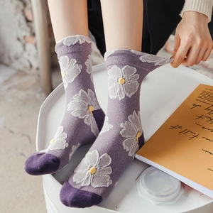 Floral crew socks with purple base and white flower jacquard for women