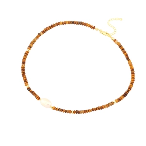 Tiger eye beaded necklace with a baroque pearl and gold accents on a white background