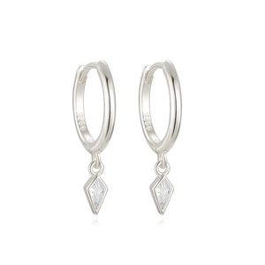 Detail view of S925 sterling silver hoop earrings with kite shaped geometric crystals