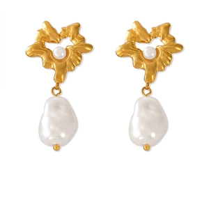 Vintage French Heart Star Shaped Artificial Baroque Pearl Drop Earrings With Irregular Titanium Steel Gold Plated For Women Elegant
