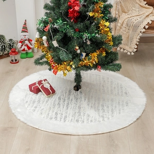 48 inch white plush Christmas tree skirt with silver sequins on light wood floor
