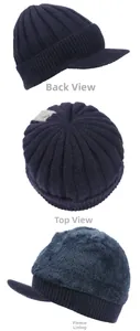 Detail of dark blue knit beanie with fleece lining and back side view for winter warmth