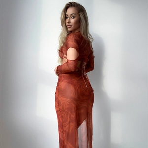 Two-piece reddish-brown marble print mesh long sleeve top and skirt swim set
