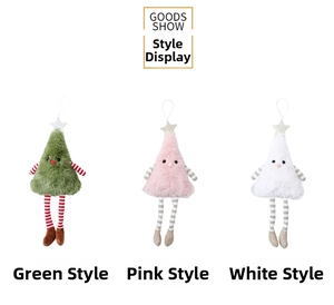 Detailed view of plush Christmas tree ornaments in green, pink, and white styles