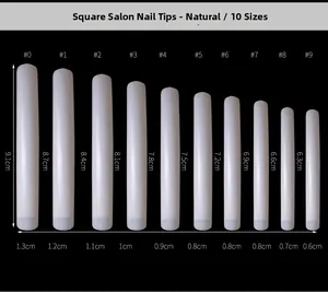 Size chart showing 10 sizes of long square salon nail tips from 9.1cm to 6.3cm in length