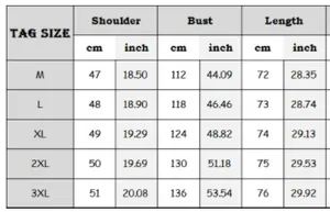 Detailed size chart for men's long sleeve polo shirt including shoulder and bust dimensions