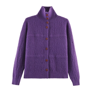 Women's purple knit cardigan featuring a stand collar and wooden buttons in a textured finish