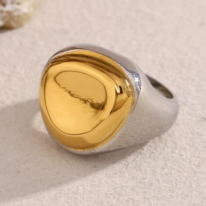 Stainless Steel Signet Ring 18K Gold Plated Two Tone Chunky Minimalist Geometric Round Band Jewelry For Women