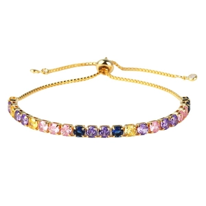 Adjustable gold tennis bracelet with multi-color square-cut rainbow cubic zirconia gems