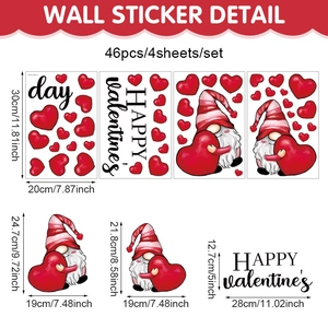 Detailed size guide of Valentine's gnome stickers with red hearts and festive lettering