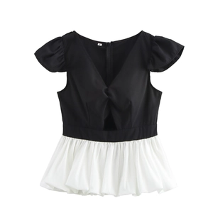 Blusa Donna Scollo V Poliestere Maniche Volanti Blocchi Di Colore Orlo Peplo Stile Preppy