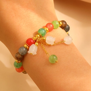 Rainbow lotus bead bracelet with lily of the valley pendant and golden chain for women