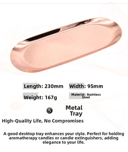 Polished rose gold stainless steel candle tray detail with dimensions 230mm by 95mm