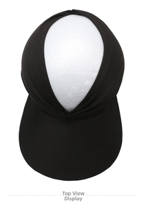 Top view of a black open top sun hat with reinforced stitching and elastic fabric
