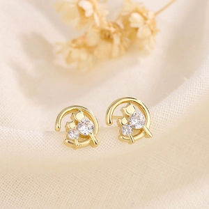 Golden cat moon earrings with zircon stones on beige fabric with dried flowers