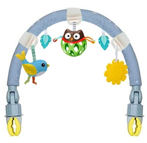 Detail of infant stroller arch with bird owl toys and adjustable clamps on white background