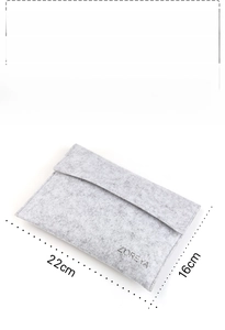 Grey felt makeup brush storage bag with logo and 22x16cm dimensions measurement