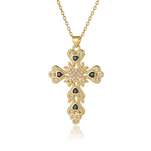 Women's gold cross pendant necklace with blue heart zircon in retro court style design