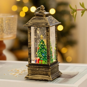 Vintage bronze Christmas lantern with LED light, snowy tree scene, and warm bokeh background