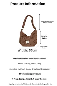 Brown corduroy crossbody bag size chart with dimensions and fabric details