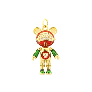 Detailed macro view of 18K gold plated bear pendant with red enamel and white zircon heart
