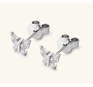 Detailed view of S925 sterling silver butterfly stud earrings with sparkling crystals