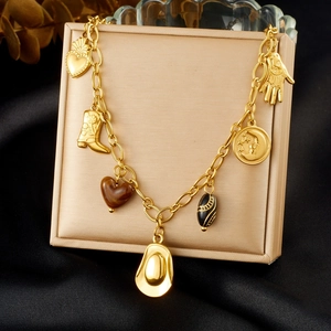 Gold Plated Stainless Steel Necklace Retro Western Cowboy Pendants Boot Hat Heart Palm Moon Jewelry For Women