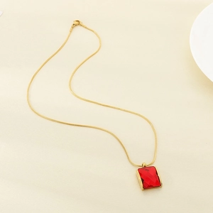Vintage stainless steel snake chain necklace with red square crystal gemstone pendant