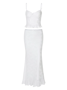 White lace trim two-piece camisole and bodycon maxi skirt set with jacquard pattern