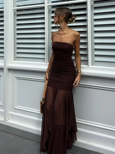 Elegant strapless brown tube dress with pleated bodice and sheer mesh mermaid skirt