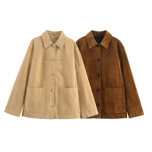 Veste En Daim Vintage Pour Femmes Revers Simple Boutonnage Vêtements D'extérieur Décontractés Avec Poches Manteau Automne
